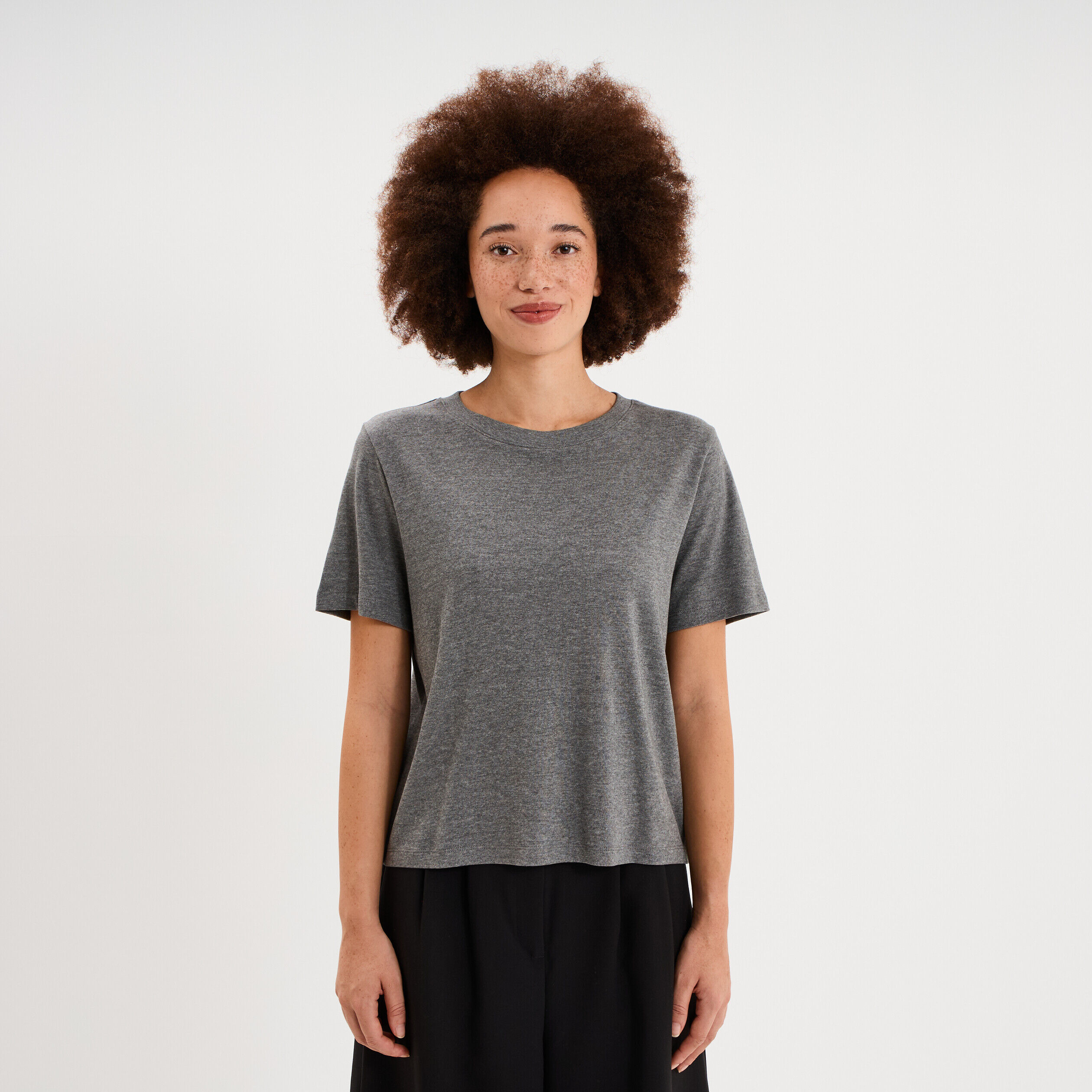 T-shirt manches courtes col rond coton gris femme
