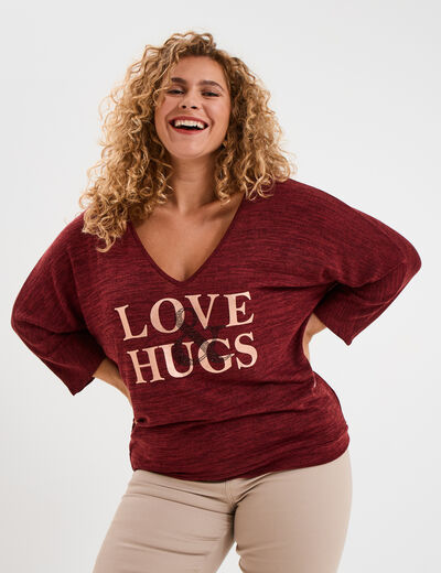 Pull manches 3/4 chauve-souris col V bordeaux femme grande taille