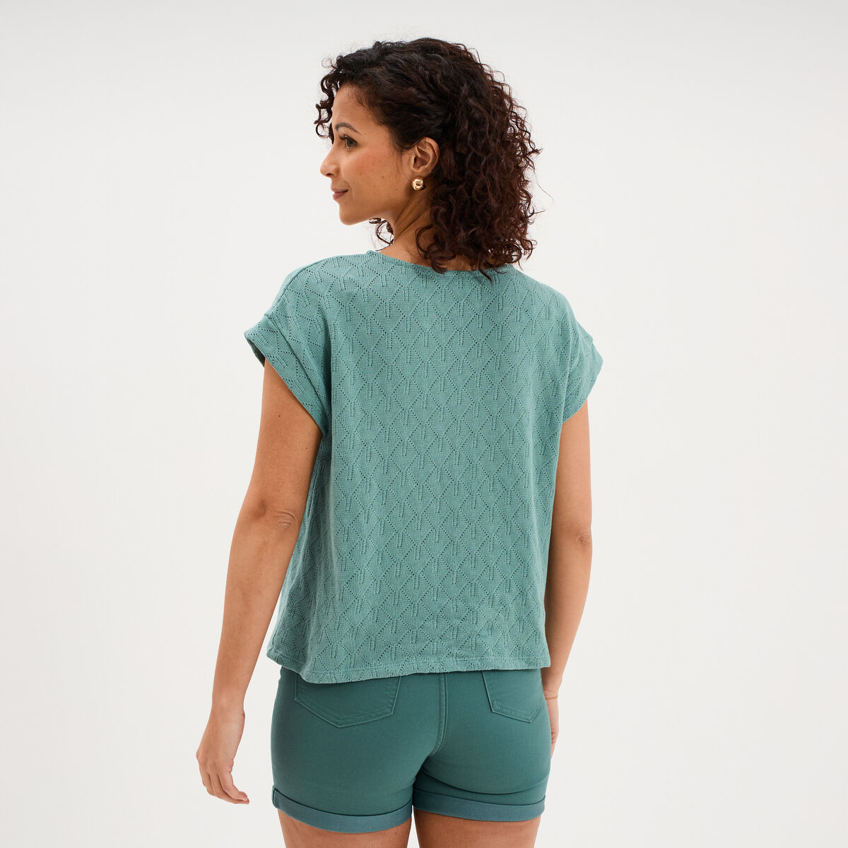 T-shirt ajour&eacute; manches courtes bleu gris femme