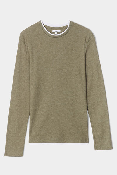 T-shirt col rond manches longues vert kaki homme