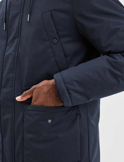 Parka mi-longue doubl&eacute;e &agrave; capuche bleu fonc&eacute; homme