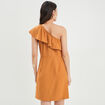 Robe droite asymétrique à volants marron cognac femme