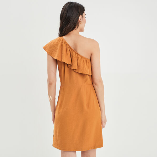 Robe droite asymétrique à volants marron cognac femme