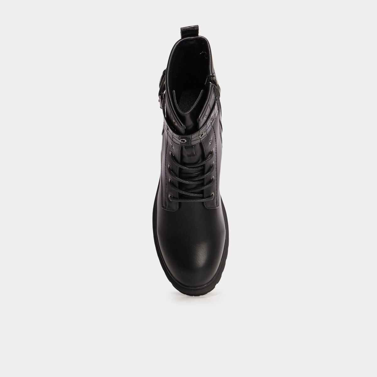 Bottines croco crant&eacute;es avec boucles noir femme