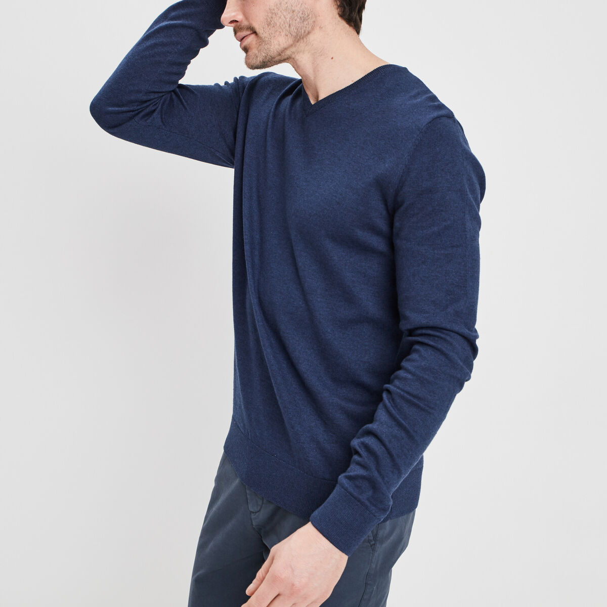 Pull jersey avec col en V bleu marine homme