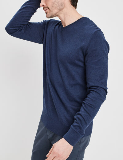 Pull jersey avec col en V bleu marine homme