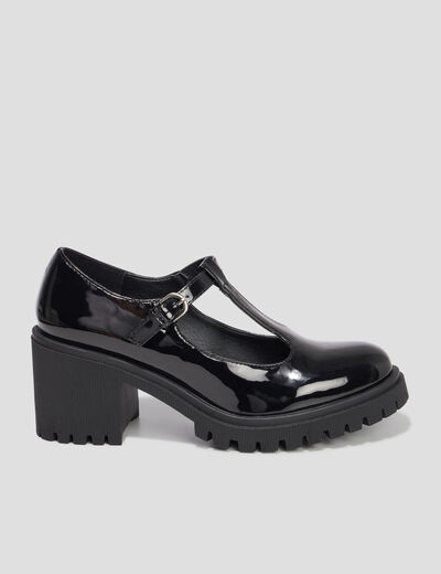 Mocassins vernis crant&eacute;s &agrave; talon noir femme