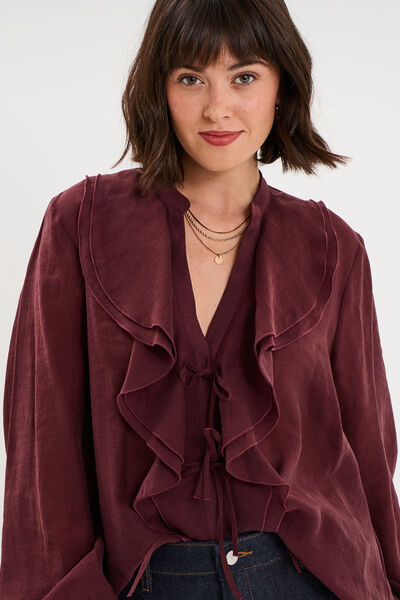 Blouse manches longues col V &agrave; volants violet fonc&eacute; femme