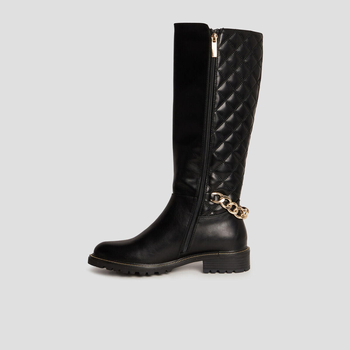 Bottes hautes matelassées avec chaînes noir femme