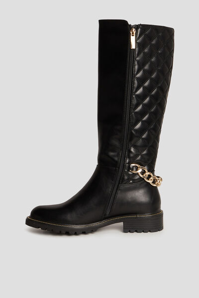 Bottes hautes matelassées avec chaînes noir femme