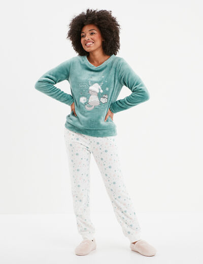 Ensemble pyjama pantalon effet velours bleu gris femme
