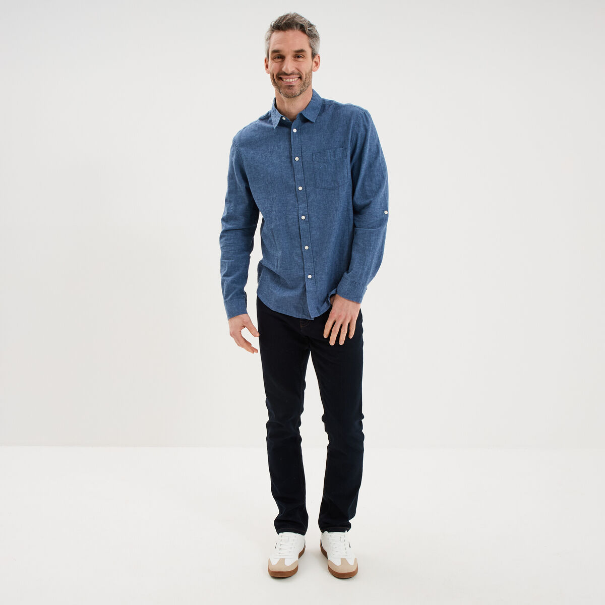 Chemise manches longues lin m&eacute;lang&eacute; bleu homme