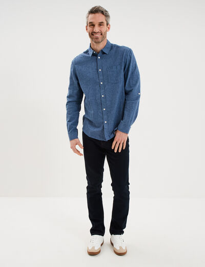 Chemise manches longues lin m&eacute;lang&eacute; bleu homme