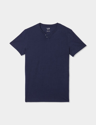 T-shirt manches courtes col tunisien bleu marine homme