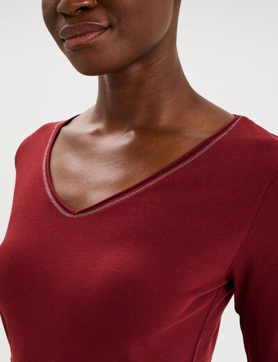 T-shirt manches longues col en V coton bordeaux femme