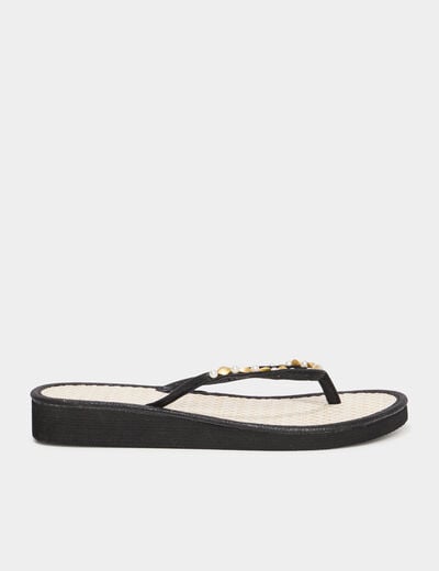 Tongs compensées détails bijoux noir femme