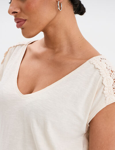 T-shirt épaules dentelle coton rose clair femme