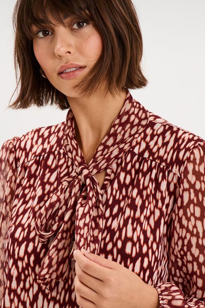 Blouse col lavalli&egrave;re manches longues bordeaux femme