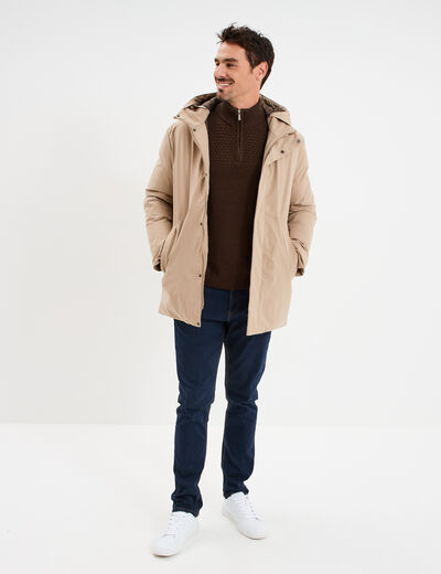 Parka mi-longue &agrave; capuche taupe homme