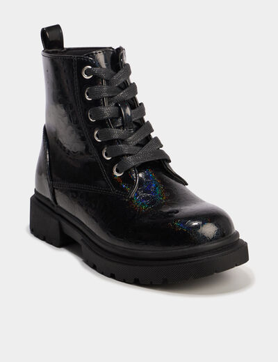 Boots crant&eacute;es vernies &agrave; paillettes noir fille