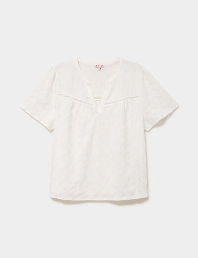 T-shirt broderie anglaise col tunisien blanc femme grande taille