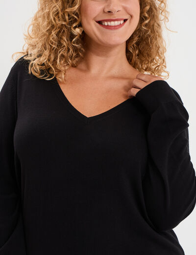 Pull col en V manches longues noir femme grande taille