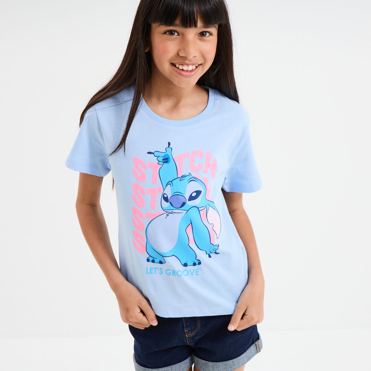 T-shirt manches courtes coton Stitch bleu fille