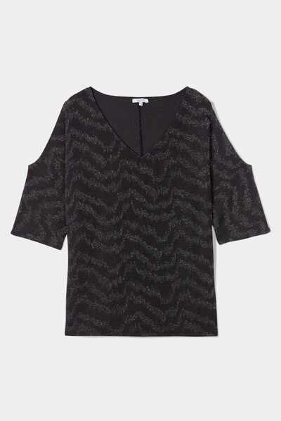 T-shirt fils métallisés et ouvertures noir femme grande taille