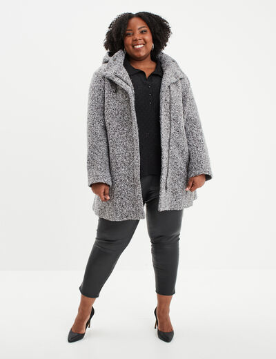 Manteau aspect bouclette à capuche gris femme grande taille