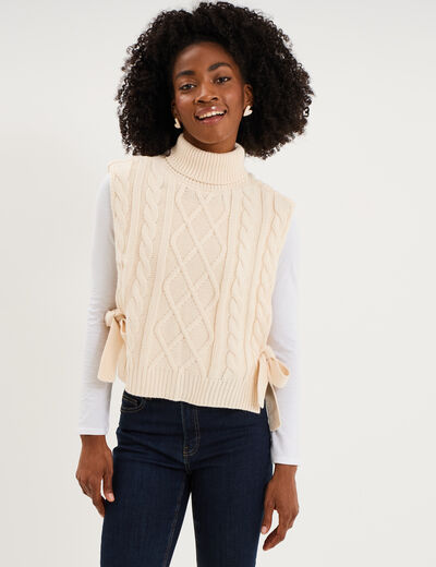 Pull poncho col roul&eacute; sans manches sable femme