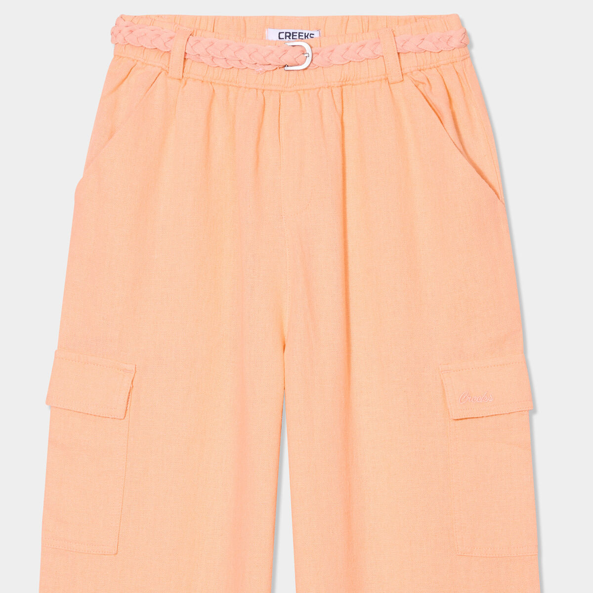 Pantalon large lin mélangé ceinturé rose saumon fille