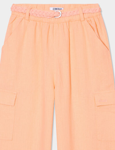 Pantalon large lin mélangé ceinturé rose saumon fille