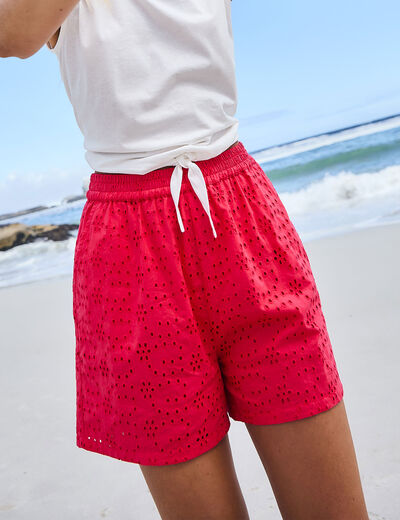 Short broderie anglaise élastiqué coton rouge femme