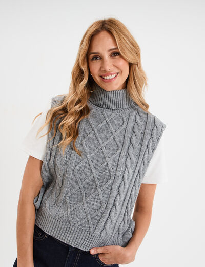 Pull poncho col roul&eacute; sans manches gris femme