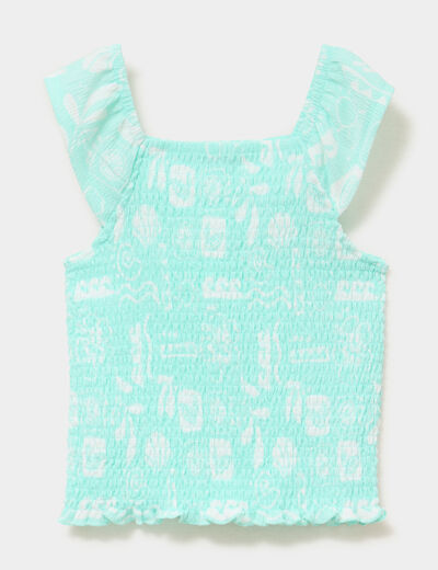 T-shirt smock&eacute; col carr&eacute; avec volants bleu turquoise fille