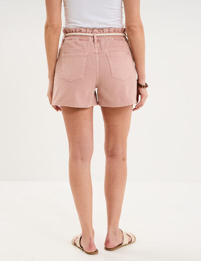 Short mom ceinture cordon coton rose poudr&eacute;e femme