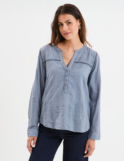 Blouse droite col mao coton bleu gris femme
