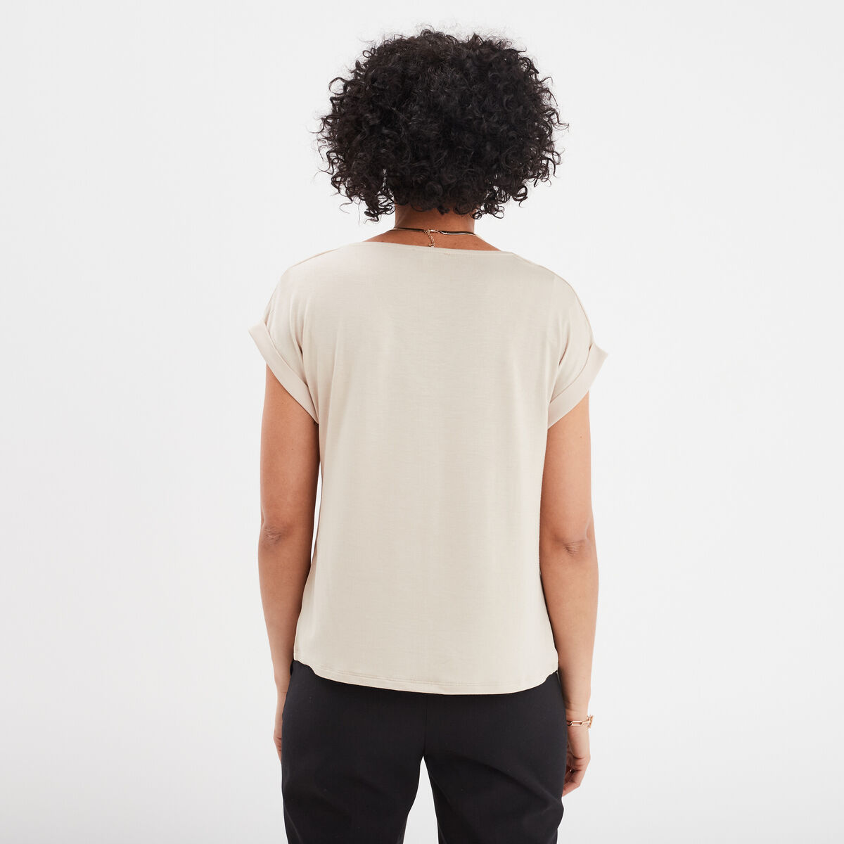 T-shirt col en V manches courtes beige femme