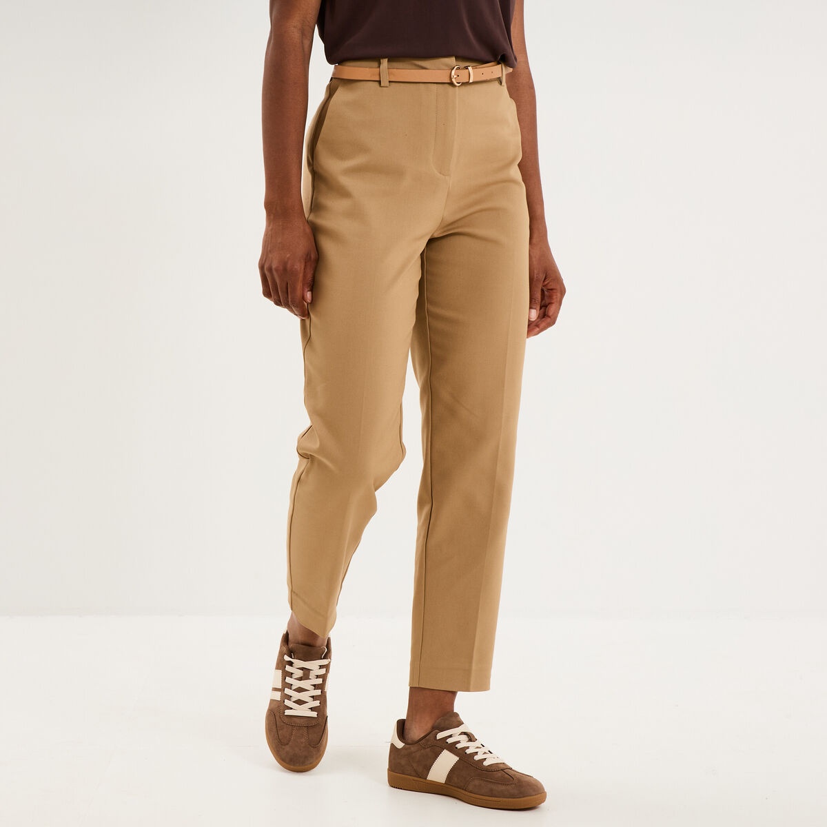 Pantalon chino ceinture amovible beige femme
