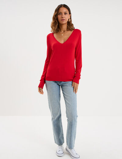 Pull col en V manches longues rouge femme