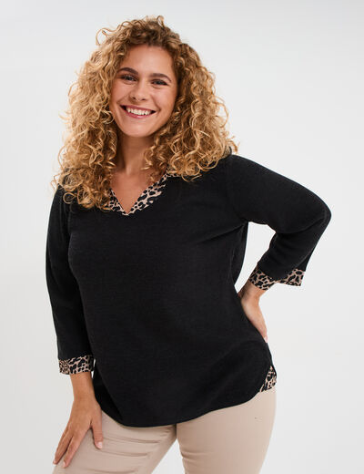 Pull effet 2-en-1 avec manches 3/4 noir femme grande taille