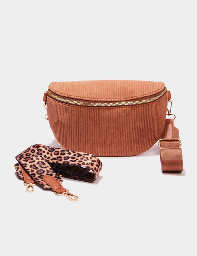 Sac banane aspect velours c&ocirc;tel&eacute; marron cognac femme