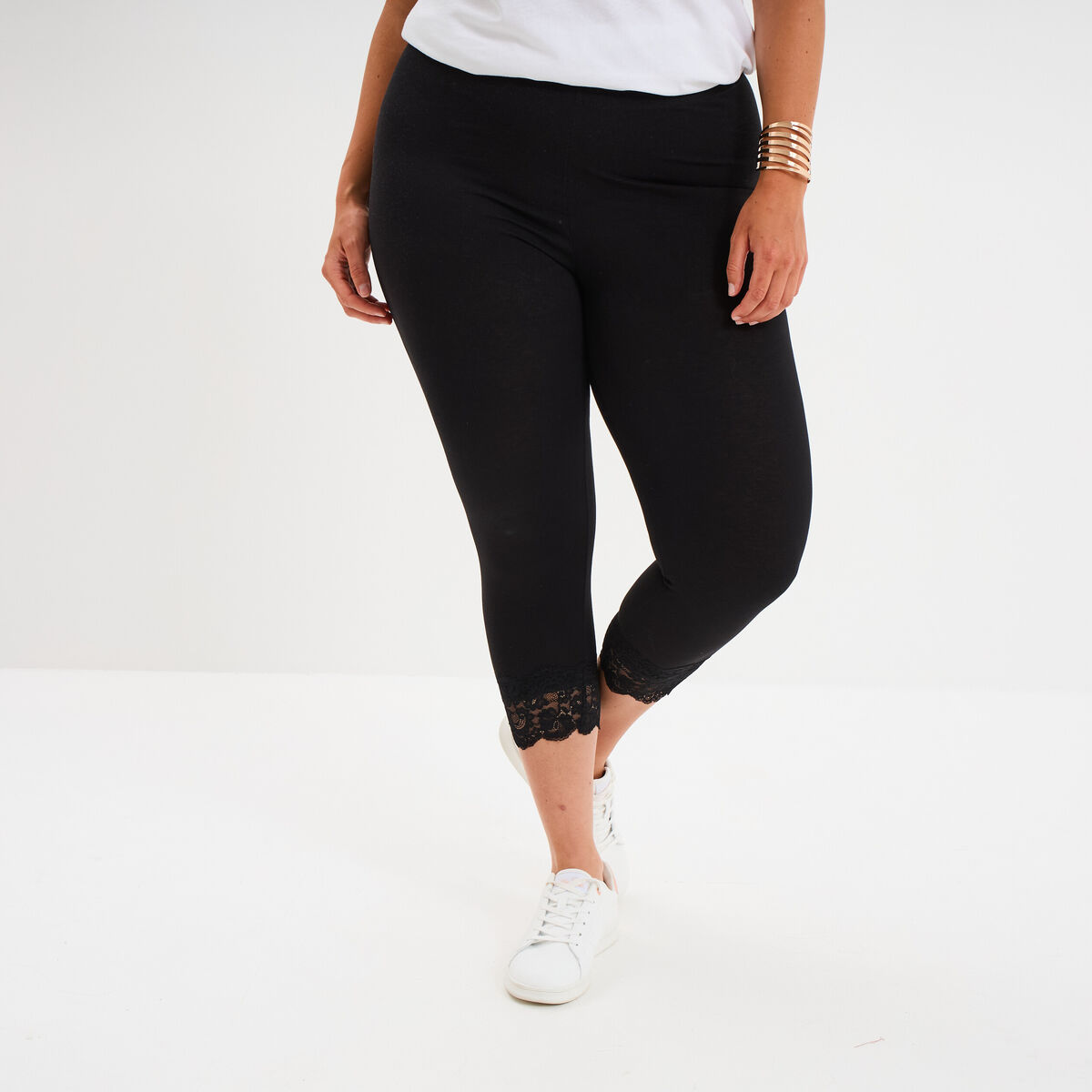 Legging 7/8&egrave;me bandes dentelle noir femme grande taille