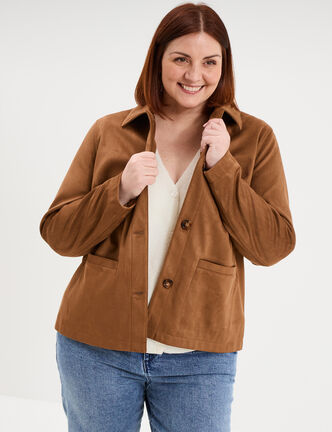 Veste effet su&eacute;dine boutonn&eacute;e marron femme grande taille