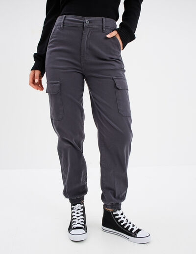 Pantalon cargo taille haute ajustable gris foncé femme