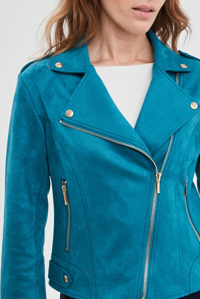 Veste esprit biker effet suédine bleu canard femme