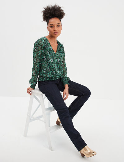 Blouse col en V manches longues vert femme