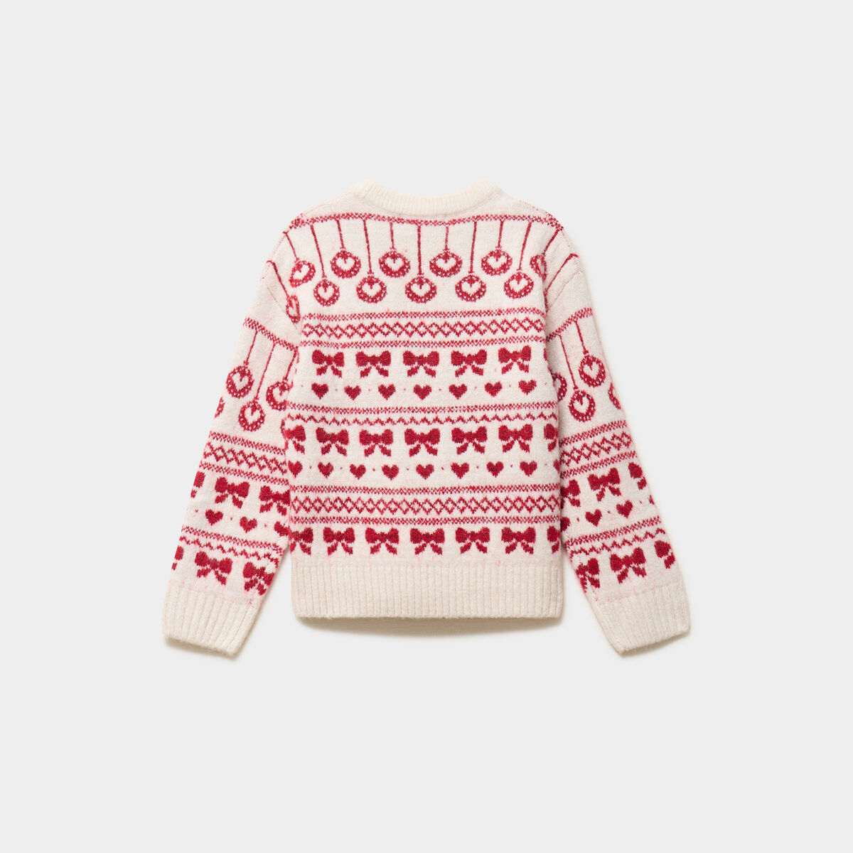 Pull manches longues col rond jacquard ecru fille