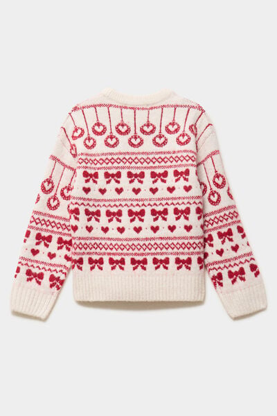 Pull manches longues col rond jacquard ecru fille