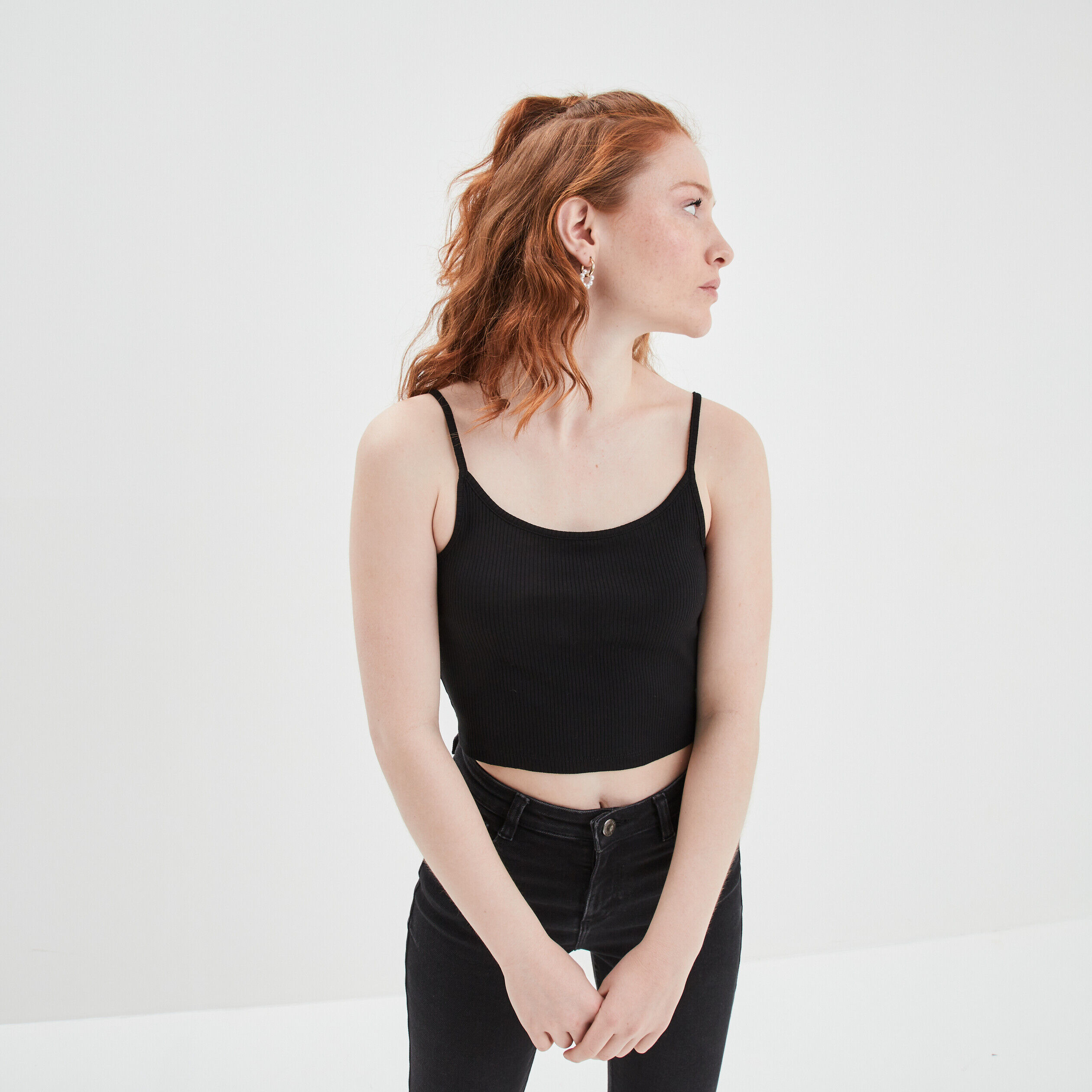 Débardeur cropped côtelé noir femme LH